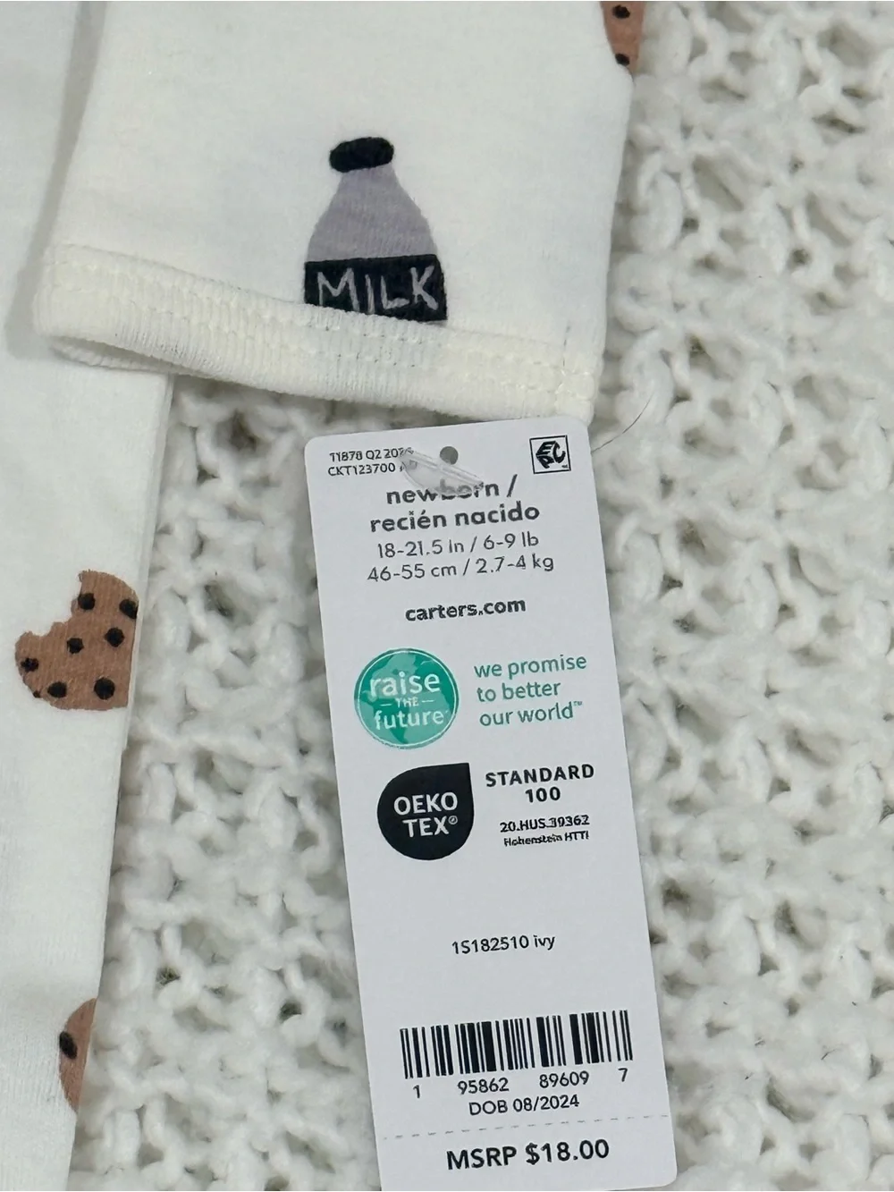 Carters Baby Boy Carter's Milk & Cookies Snug Fit Footed Pajamas in white newbor
